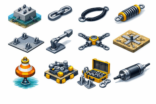Modules vector isometric floating anchorage mooring link directional icon marker load system