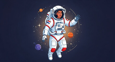 Fototapeta premium A cartoon astronaut in a white spacesuit floats in space with planets and stars.