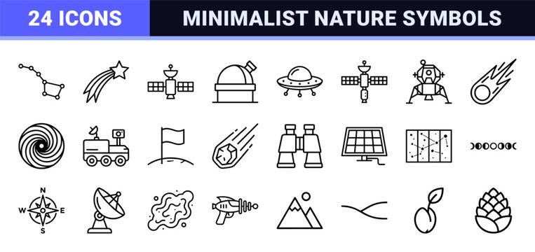 Ultra-Minimalist Astronomy and Nature Line Art Icon Set featuring Geometric Symbols for Science Education and Environmental Data Visualization.
