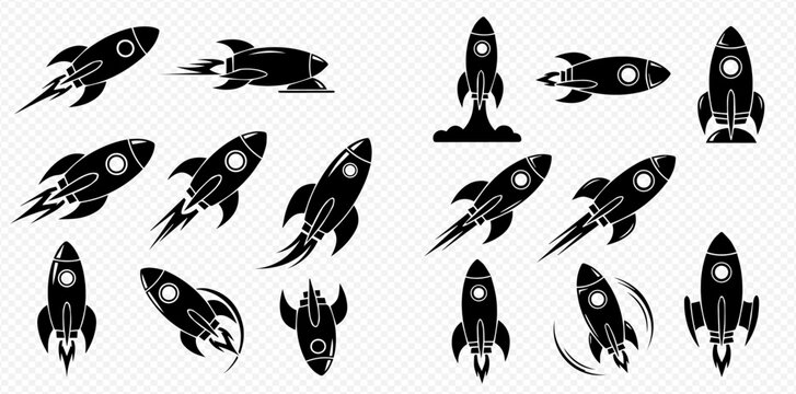 Set of various black rocket icons and silhouettes, representing space travel, exploration, and startup launches.