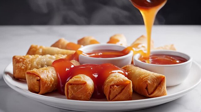 Crispy Golden Egg Rolls Served With Sweet Chili Sauce and Dipping Sauce