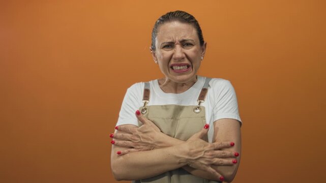 Blonde woman wearing a white t shirt and overalls crossing arms across chest in studio with orange background; disgust.