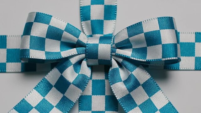 Close-Up of a Blue and White Checkered Ribbon Tied Into a Bow on a White Background