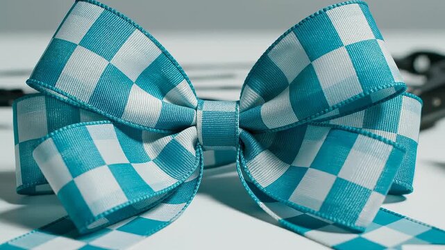 Close-Up of a Blue and White Gingham Ribbon Bow Tied on a White Surface
