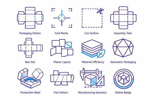 Generation image packaging fold manufacturing icon planar cut layout form assembly vector