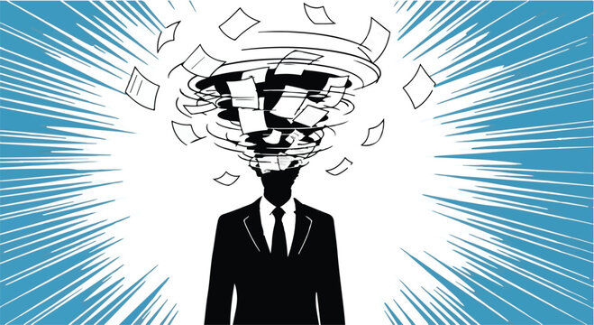 Businessman with exploding head full of papers