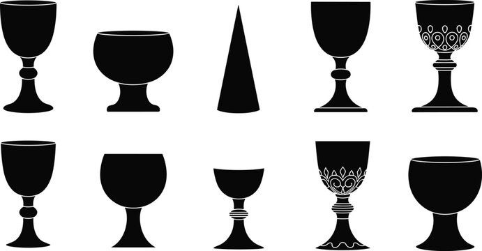 A comprehensive collection of black goblet silhouettes and chalice icons featuring vintage royal trophy designs and medieval drinking vessel silhouettes isolated on a white background.