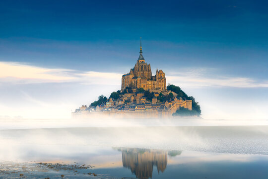 Mont Saint-Michel view in the sunrise light. Normandy, northern France