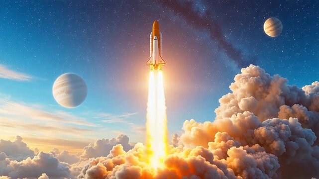 Space shuttle launch with planets