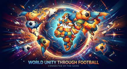 Naklejka premium Dynamic world map formed with soccer balls in space representing global unity through football. Perfect for sports events, team merchandise, and international campaigns.Generated ai