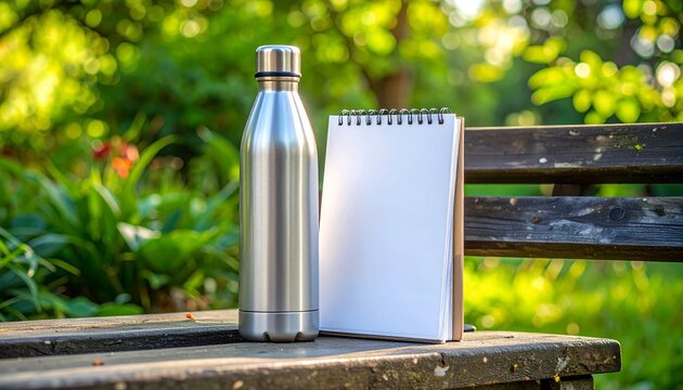 Reusable Steel Water Bottle and Blank Notebook on Wooden Park Bench