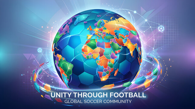 Dynamic world map formed with soccer balls in space representing global unity through football. Perfect for sports events, team merchandise, and international campaigns.Generated ai