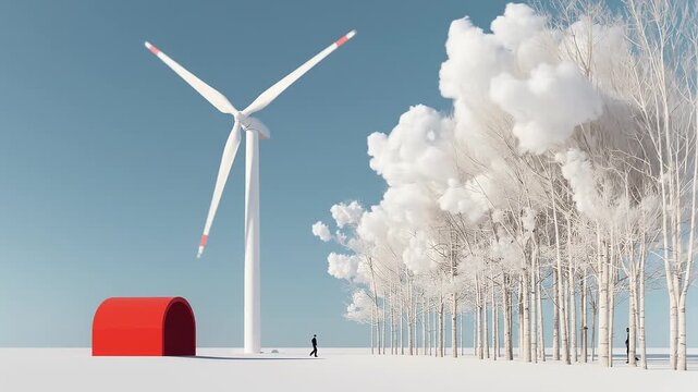 A minimalist winter landscape with a large white wind turbine, a red shelter, leafless trees with snow, and people walking