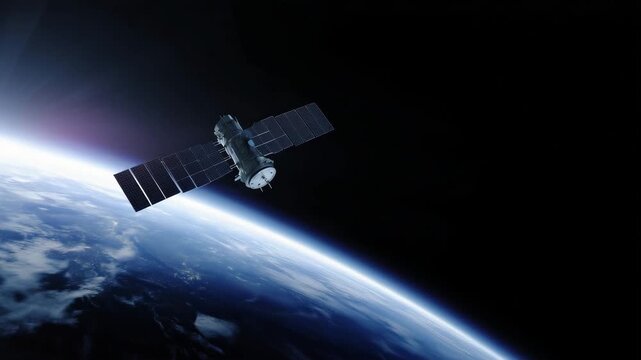 Satellite orbiting Earth in outer space, space technology, global communication, orbital mission, aerospace engineering, planet view, cosmic exploration, telecommunications