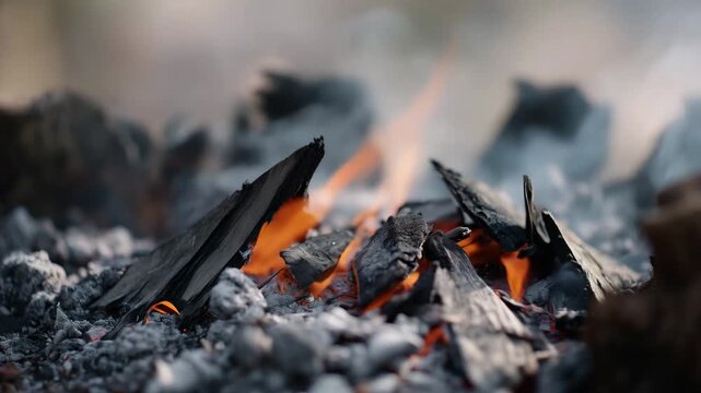 Glowing embers and burning charcoal close up, fire heat, smoldering coals, ash texture, glowing cinders, combustion, hot background, macro detail