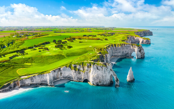 Picturesque panoramic landscape on the cliffs of Etretat. Etretat, Normandy, France