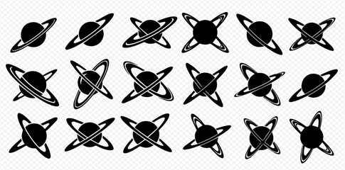 Set of black and white planet icons with rings in various angles, isolated on a transparent background, depicting celestial bodies and space exploration. © Adji