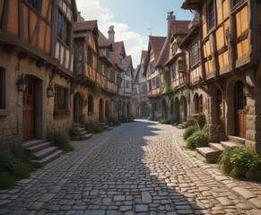 Obraz premium Panoramic view of medieval village with cobblestone streets and half-timbered houses, landscape, france, medieval village
