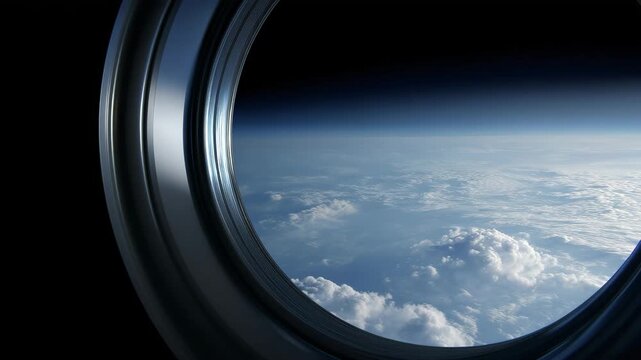 View of Earth from spacecraft window, outer space, planet horizon, orbital perspective, space travel, astronomy, cosmic exploration, futuristic vision