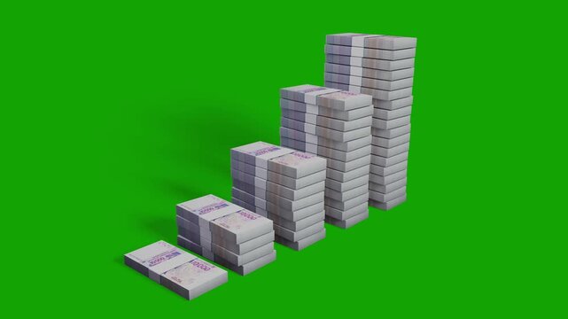 Five rising stacks of 10,000 West African CFA Franc notes on a green screen. A 3D conceptual visual representing financial growth, savings, investment success, and regional economic wealth.