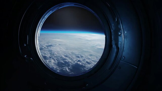 View of Earth from spacecraft window, outer space, planet horizon, orbital perspective, space travel, astronomy, cosmic exploration, futuristic vision