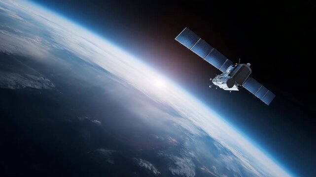 Satellite orbiting Earth in outer space, space technology, global communication, orbital mission, aerospace engineering, planet view, cosmic exploration, telecommunications