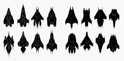 Collection of various black silhouette spaceship and fighter jet icons on a transparent background, depicting futuristic and military aircraft designs. © Adji