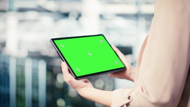 Isolated screen tablet, monitoring power consumption and admin in server hub. Overseeing equipment, chroma key device closeup and IT specialist in data center maintaining industry standards, camera B