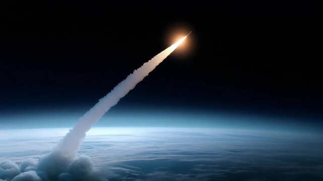 Rocket launch trajectory above Earth horizon, space mission, aerospace technology, outer space, orbital flight, planet view, cosmic exploration, futuristic concept