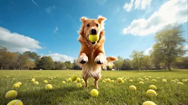 Playful dog catching a tennis ball outdoors with many floating tennis balls, lush green field, clear sky, and trees in background