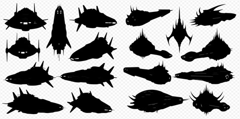 Collection of various sci-fi spaceship silhouettes, futuristic spacecraft designs, and alien vessel vectors for gaming and fantasy art. © Adji