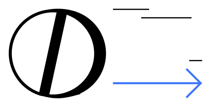 Motion, direction, progress, design, minimalism, abstract concepts. Circular shape with parallel lines and a blue arrow suggesting movement. Motion and direction as dynamic ideas