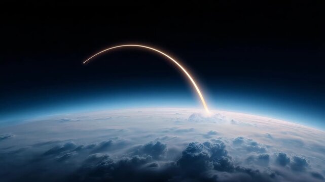 Rocket launch trajectory above Earth horizon, space mission, aerospace technology, outer space, orbital flight, planet view, cosmic exploration, futuristic concept
