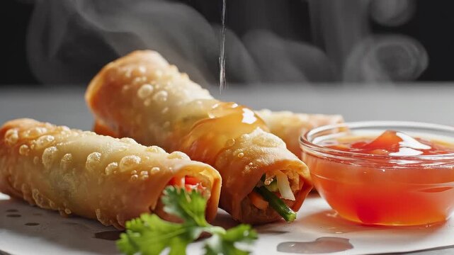 Hot Spring Rolls With Sweet Chili Sauce Being Drizzled on Top, Close Up