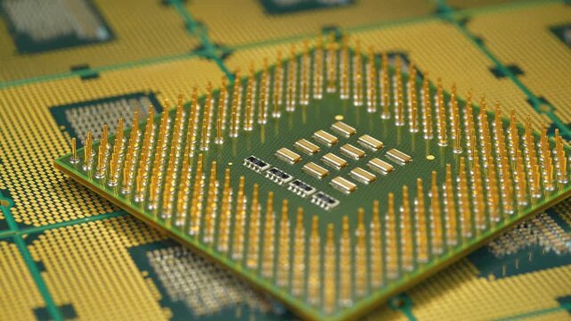 Close-up of a central processing units. Central processing units with pins. Central processing units for PC. Close view of CPU pins and contacts. CPU unit powering computer operations