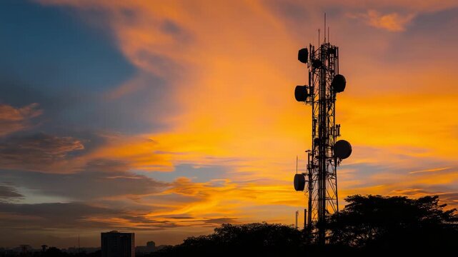 Wireless communication infrastructure tower silhouetted at sunset with multiple antennas Industrial telecommunication tower with multiple antennas  4K