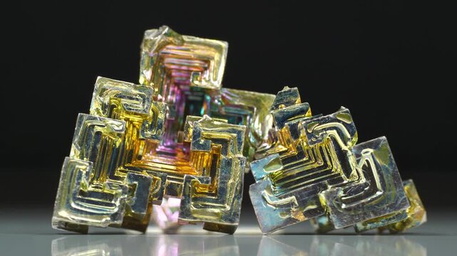 Bismuth crystals. Bismuth - chemical element with symbol Bi and atomic number 83. Post-transition metal and one of pnictogens. Synthesized bismuth crystal. Iridescent coloration is due to oxide film
