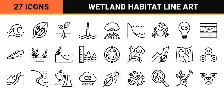 Mangrove Coastal Ecosystem Ultra-Minimalist Monoline Icons Featuring Wetland Ecology, Marine Biology, and Carbon Sequestration Line Art Symbols