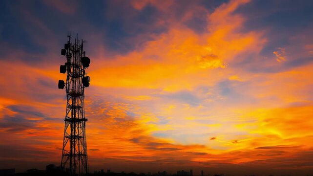 Telecommunication tower at sunset, mobile network infrastructure, wireless communication, cellular antenna, broadcasting technology, signal transmission, dramatic sky