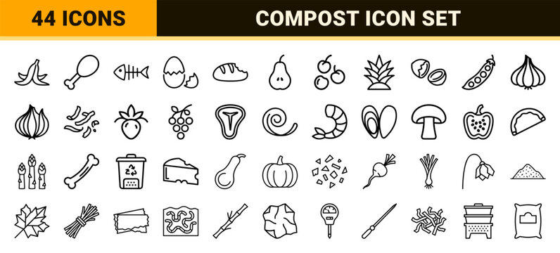 Ultra-minimalist monoline food waste and organic composting icons featuring geometric line art symbols for sustainable waste management systems.