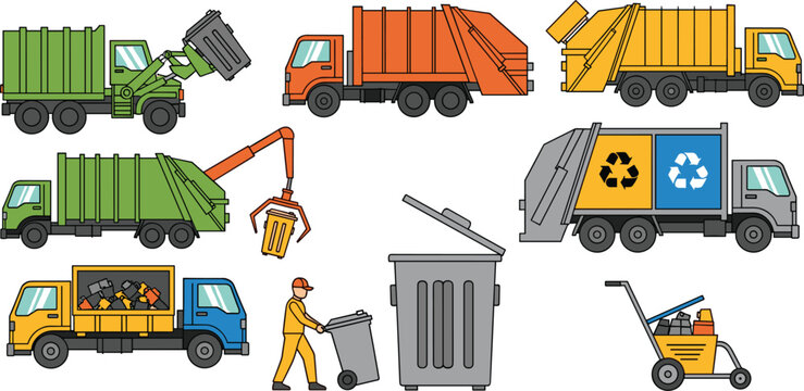 Collection of Garbage Trucks and Waste Collection Equipment Set with Recycling Vehicles Trash Bins Worker and Sanitation Service Elements in Flat Style