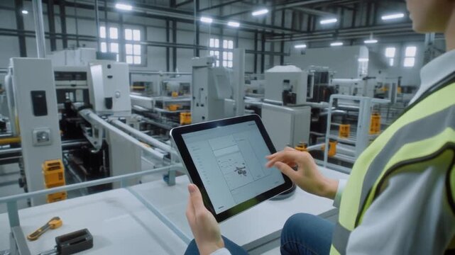 A factory worker in a high-visibility vest uses a tablet to monitor and control industrial machinery in a modern manufacturing plant with large windows