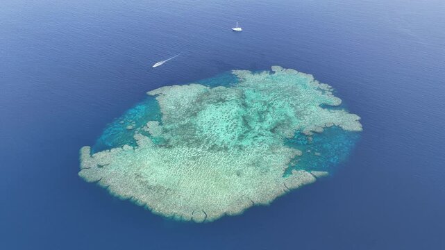 Seen from a bird's eye view, an impressive platform reef, named "E6," sits in the midst of the Bligh Channel east of Viti Levu, Fiji. The reef is home to extensive coral growth and fish diversity.
