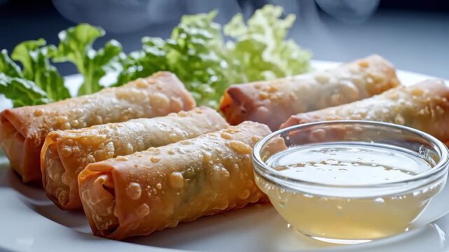 Golden Fried Spring Rolls Served With Dipping Sauce and Fresh Lettuce on White Plate