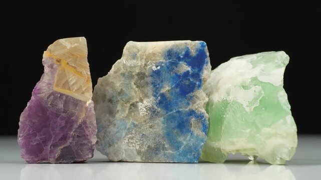 Three natural minerals - blue lapis lazuli, lazurite or Azure spar and two fluorites