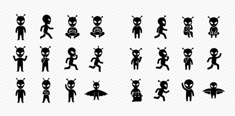 Fototapeta premium Set of black alien icons in various poses, including walking, running, sitting, and flying, on a transparent background.