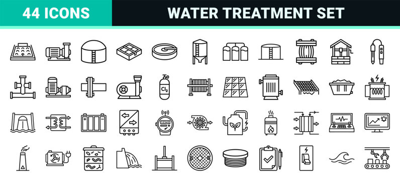 Industrial Water Treatment and Utility Infrastructure Symbols in Ultra-Minimalist Geometric Monoline Aesthetic for Professional Engineering Systems