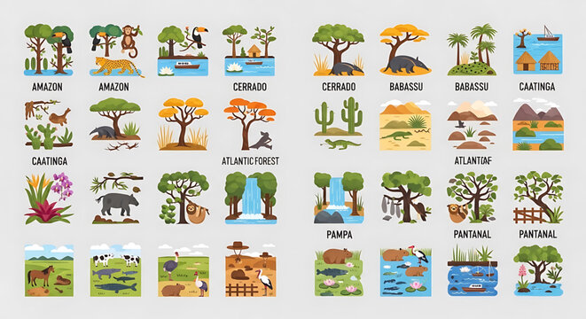 A colorful vector graphic illustration of various Brazilian biomes and their characteristic flora and fauna