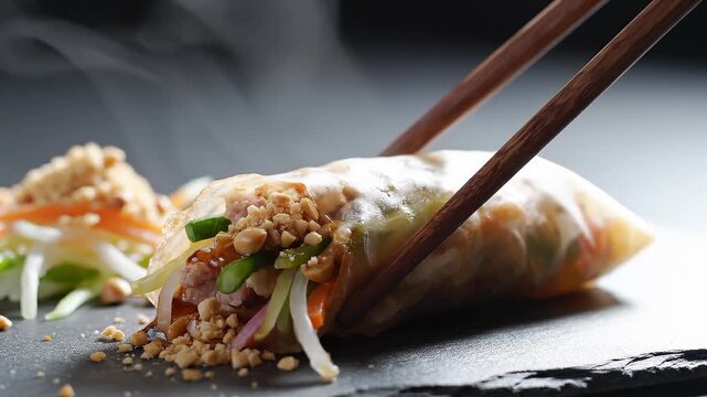 Fresh Spring Roll Being Picked Up With Chopsticks, Drizzling Sauce, Close Up