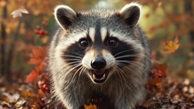 Playful raccoon with open mouth and bright eyes stands on autumn leaves amidst vibrant fall foliage
